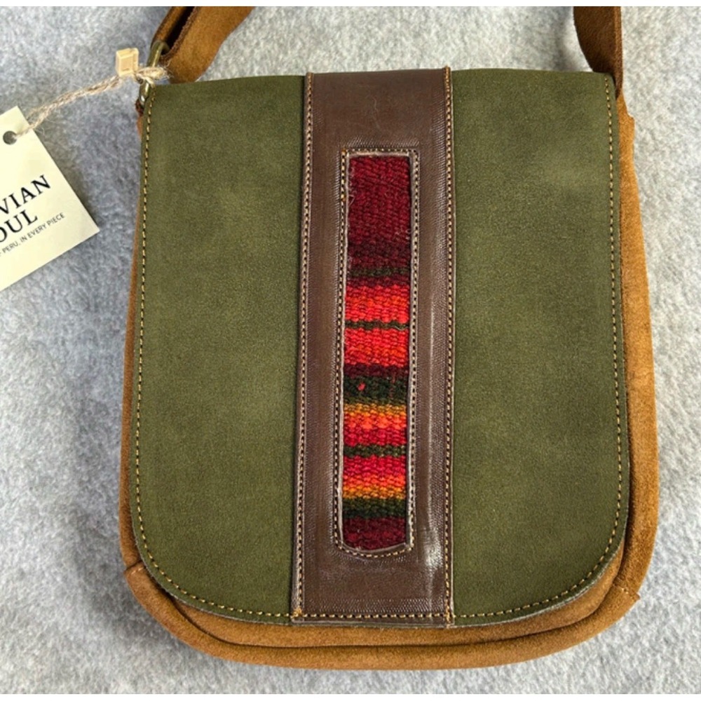 PERUVIAN SOUL Suede & Manta Messenger Bag Olive Adjustable Strap Handcrafted